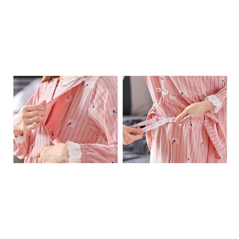 Bộ bầu và sau sinh dài tay, cổ ren bèo chất cotton đẹp mềm, kiểu dáng kẻ sọc cực xinh và trẻ trung BD46
