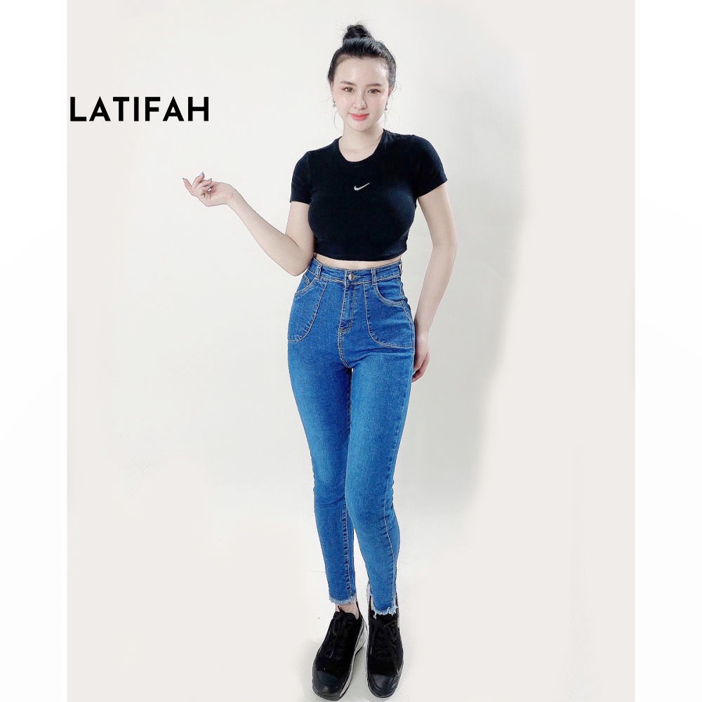 [Mã LT50 giảm 50k đơn 250k] Quần dài jeans nữ co giãn LATIFAH cạp siêu cao đắp 2 túi tròn QD003