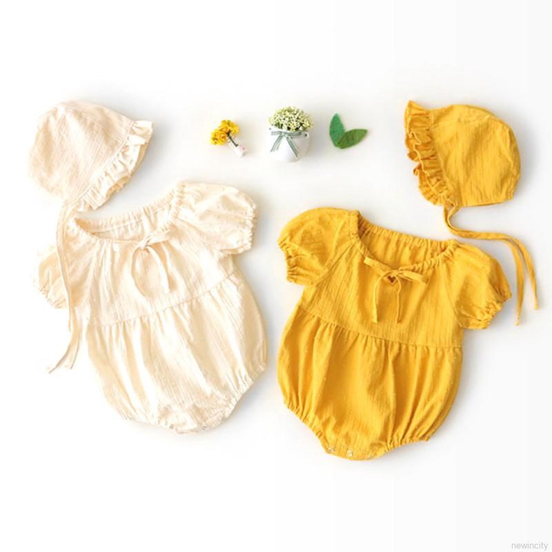 Set jumpsuit cổ tròn tay phồng + nón cho bé