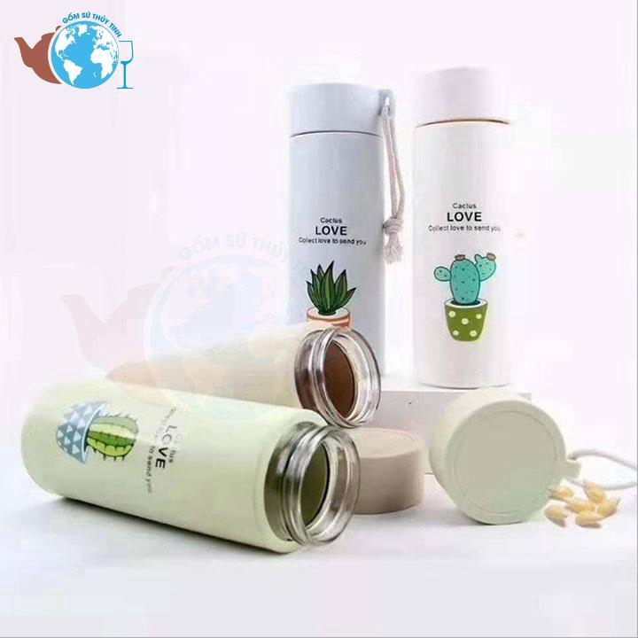 Bình giữ nhiệt lõi thủy tinh võ bọc nhựa in hình xương rồng 450ml đặc biệt có dây xách rất tiện lợi - BGN04