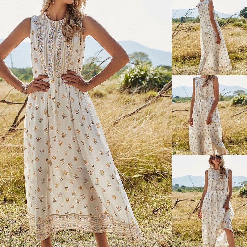 Đầm Dài Cổ Tròn Không Tay Lưng Cao In Họa Tiết Thời Trang Mùa Hè Cho Nữ