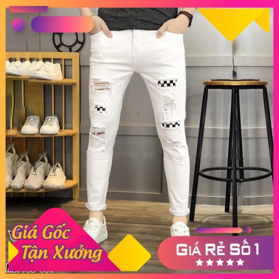 Quần Jean Nam trắng rách gối TSM chất liệu jean thun co giãn đa chiều giá gốc xưởng ❗