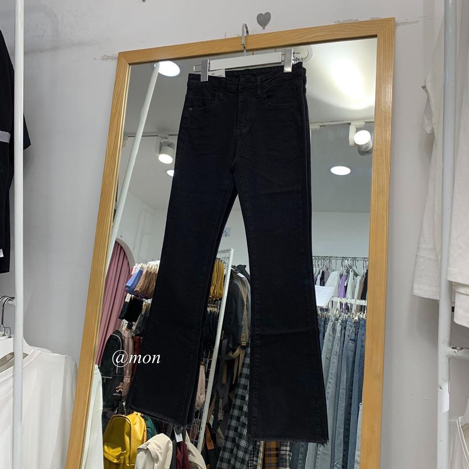 190109 Quần jeans nữ ulzzang loe nhẹ co giãn tốt màu đen trơn có size