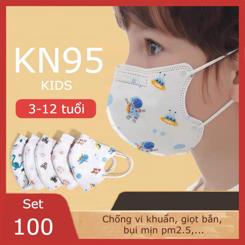 Set 100 khẩu trang KN95 cho bé 5 lớp kháng khuẩn chống giọt bắn bụi mịn vi khuẩn gây bệnh