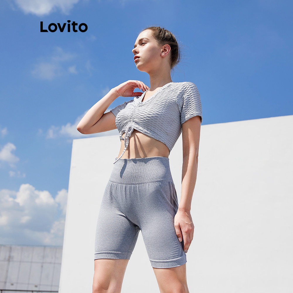 Quần short thể thao Lovito L03018 màu xám ôm dáng lưng cao không đường may | BigBuy360 - bigbuy360.vn