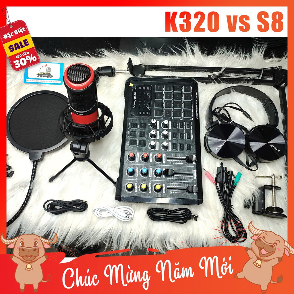 [tặng full phụ kiện] trọn bộ combo micro K320 + sound card S8 + full phụ kiện livestream karaoke thu âm xịn sò bh 12th