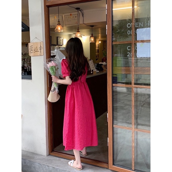 Váy Babydoll Kẻ Hồng Dáng Dài Siêu Xinh