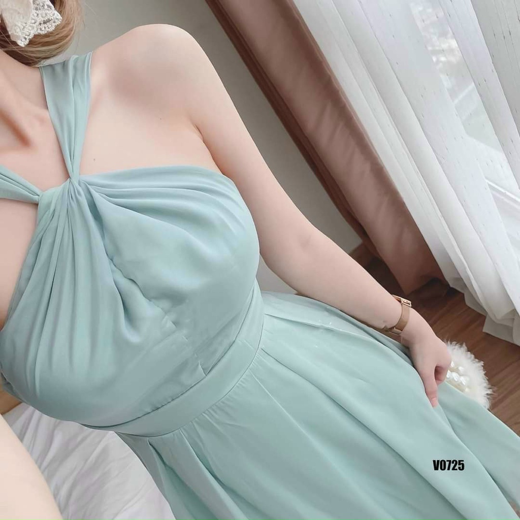 đầm nữ dáng dài cổ chéo dây (có mút) màu sắc trẻ trung thích hợp cho các buổi tiệc