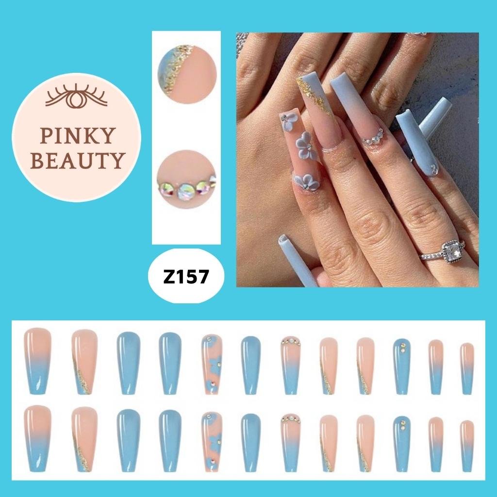 Móng Tay Giả Đính Đá Bộ 24 Móng Giả Pinky Beauty Họa Tiết Đa Dạng, Đẹp Sang Trọng Phong Cách Dài, Ngắn Cho Nữ Kèm Keo
