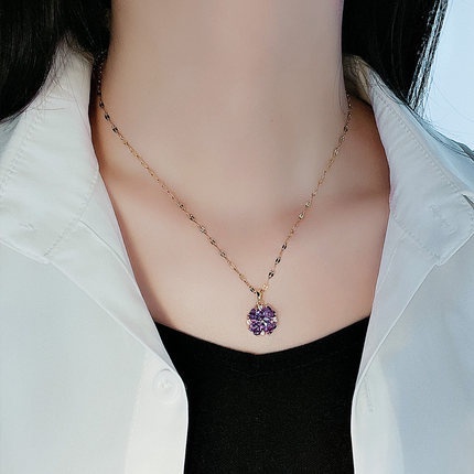 Vòng cổ Thép Titan Mặt Hoa zircon Màu Tím Phong Cách Hàn Quốc Mới