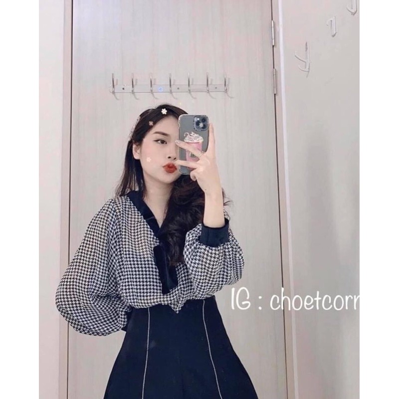 Bán sỉ sơ mi kẻ nơ đen cho nữ