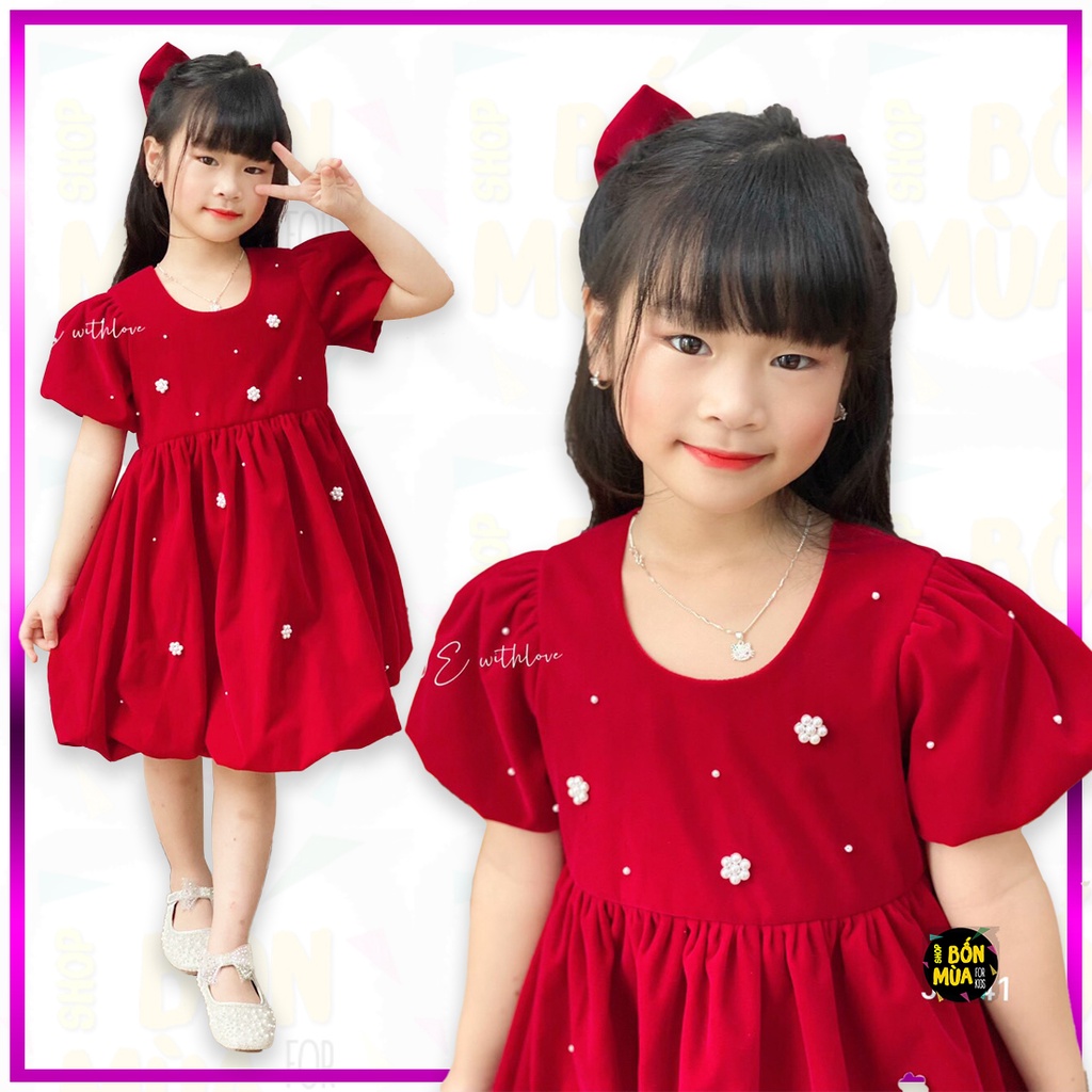 Đầm Nhung Đỏ Cho Bé Gái 10-40kg 🍇🍇 Đầm Phồng Cho Bé Gái - Shop Bốn Mùa