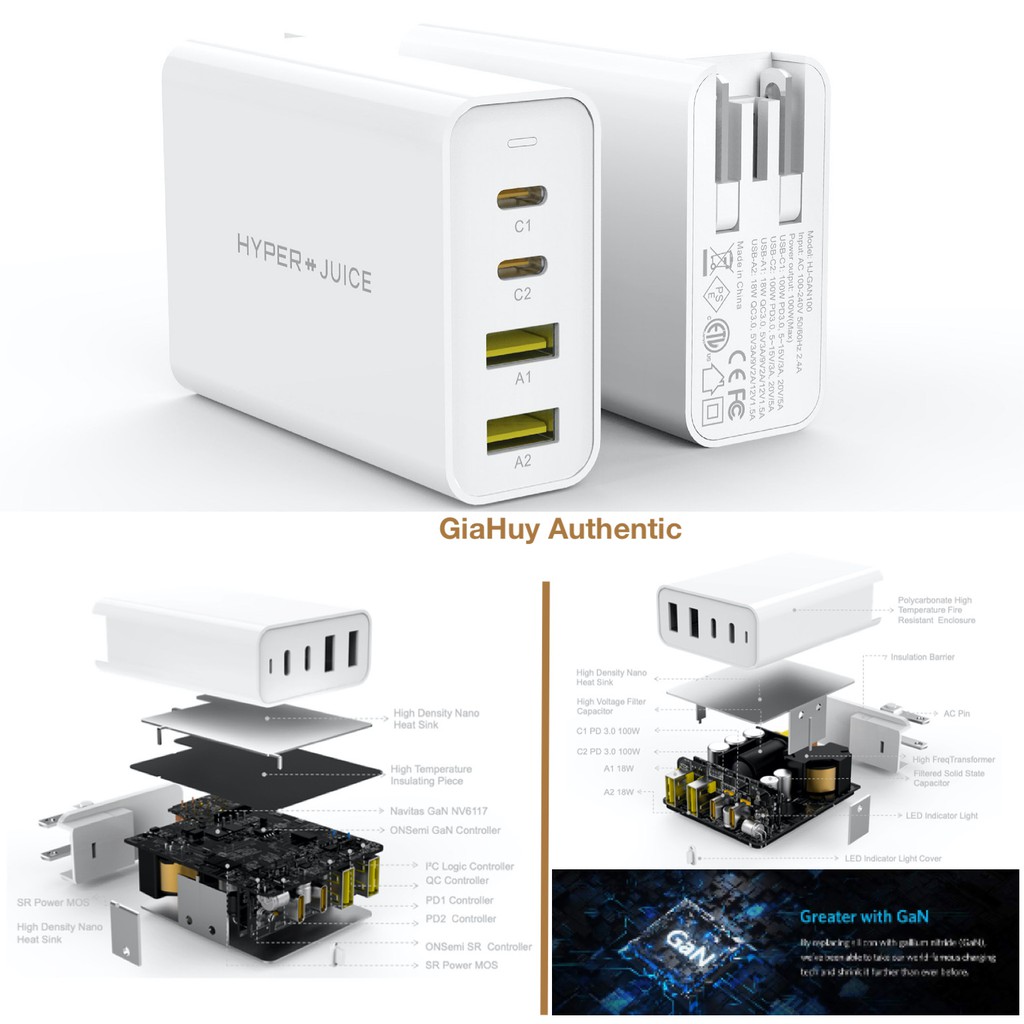 Củ sạc nhanh Macbook Pro, iPad Pro, iPhone 12, Note 10, S10 HYPERJUICE 100W GaN PD 3.0 &amp; QC 3.0