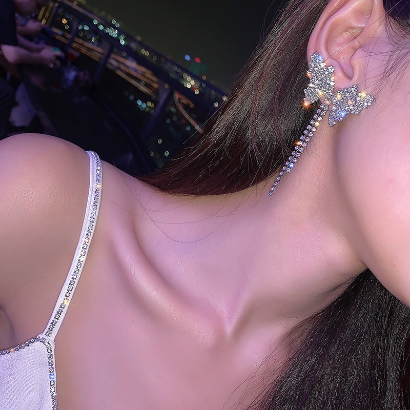 Bông Tai Mạ Bạc 925 Hình Bướm Tua Rua Dài Đính Đá Thời Trang Hàn Quốc