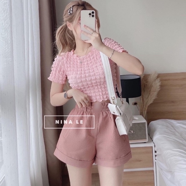 Set bộ áo phông xốp ô cổ tròn mix quần sooc cạp chun siêu đẹp l1 pl ( pl theo màu quần )