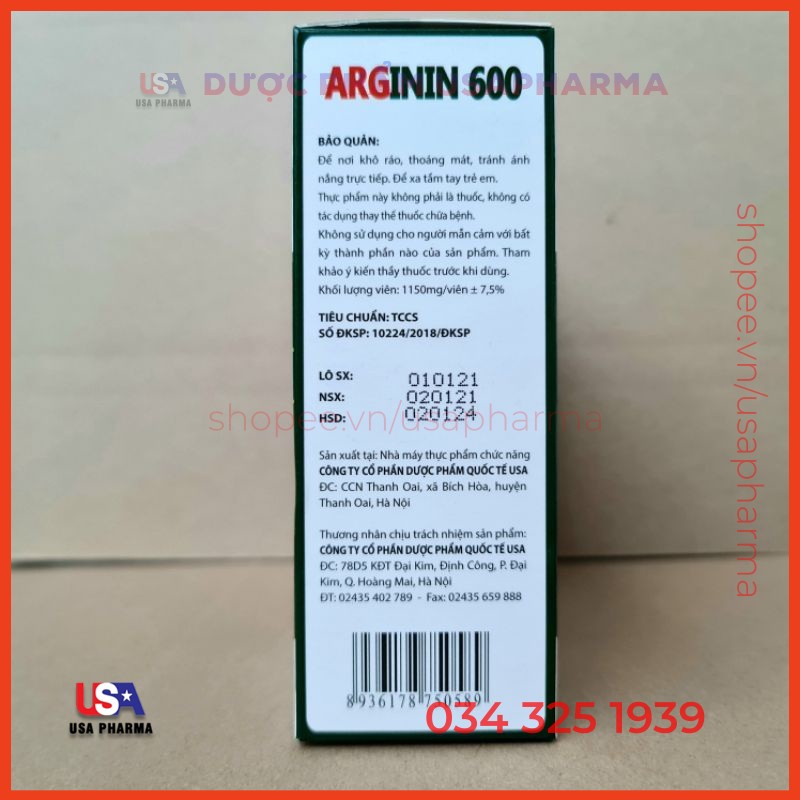 Viên uống ARGININ 600 Giúp tăng cường chức năng gan - HỘP 60 VIÊN