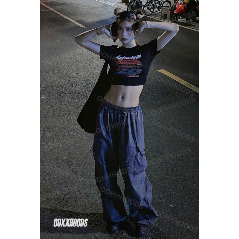 Cocory vn Quần Dài Lưng Cao Ống Rộng Phối Dây Rút Phong Cách Đường Phố Mỹ Cá Tính Cho Nữ