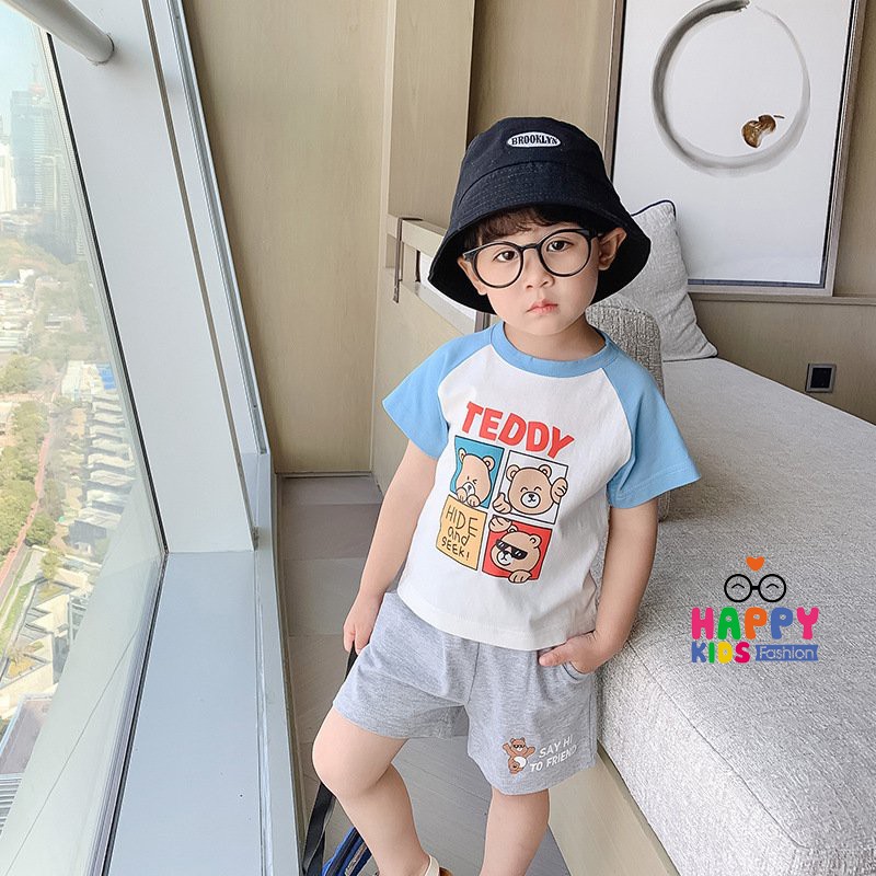 Đồ Bộ Bé Trai Happy Kids 100% Cotton Mềm Mát, Bộ Quần Áo Bé Trai Từ 6 Tháng Đến 5 Tuổi In Hình Gấu Teddy Đẹp Dễ Thương