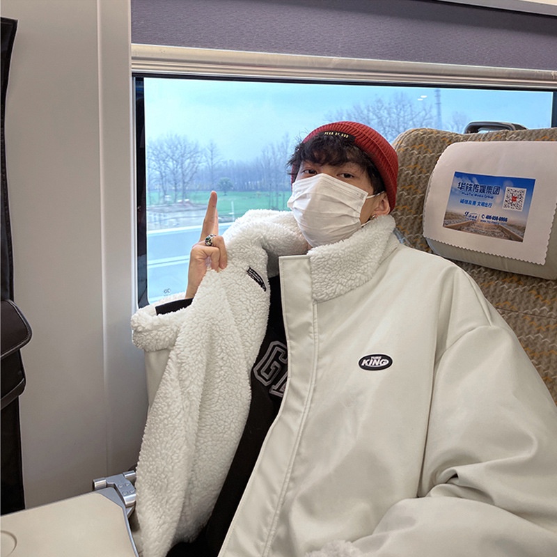 Áo khoác cotton chần bông lông cừu nhung TF1 dáng rộng thời trang mùa đông cho nam 2021
