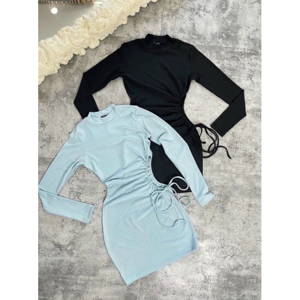 Đầm ôm body tay dài khoét eo rút dây eo chất vải Borip Cam Kết Hàng Y Hình ( size từ 40-53kg )