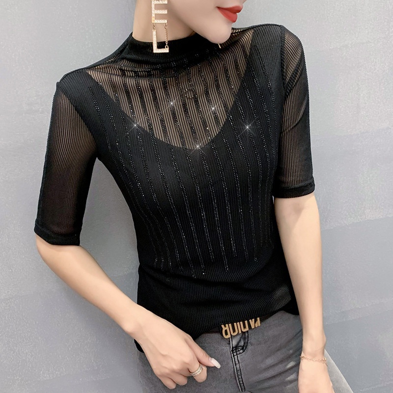 áo lưới nữ áo thun nữ tay ngắn Cổ Cao Phối Lưới Đính Đá Thời Trang Mùa Hè Mới
