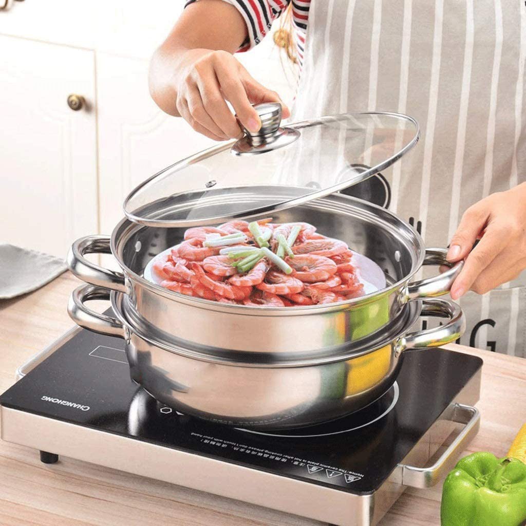 Nồi Hấp Đa Năng 2 Tầng INOX, Dung Tích 1.6L SIZE 28CM Kèm Xửng Hấp Có Nắp Đậy Bằng Kính Trong Suất, Tay Cầm Chống Nóng