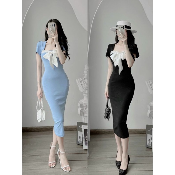 Đầm Thun Cột Nơ Ngực Sang Chảnh - Tay Ngắn Cổ Vuông - Dáng Dài Maxi Form Ôm Body Sexy