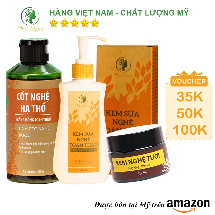 [ Giảm 50K - Đơn 479K ] Bộ dưỡng trắng hồng da mặt và body sau sinh Wonmom ( Kem nghệ tươi + cốt nghệ + kem sữa nghệ )