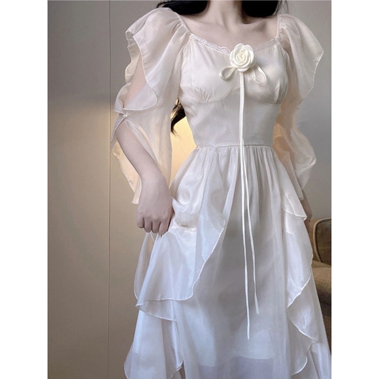 Đầm Chiffon Phối Bèo Màu Trắng Thời Trang Mùa Hè Cho Nữ