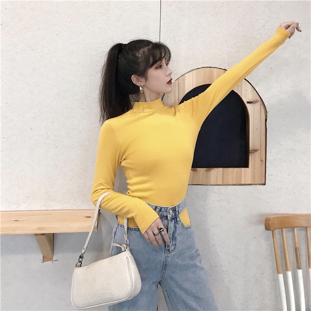 Áo dài tay ulzzang áo cotton nữ cổ cao nhiều màu đen trắng nâu trơn | BigBuy360 - bigbuy360.vn