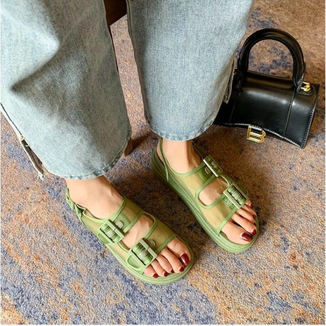 Sandal Nữ Ulzzang Vintage, Giày Sandal 2 Quai Ngang Vải Lưới Đế Cao Su Độn 3cm Hàn Quốc, Street Style - Iclassy_shoes