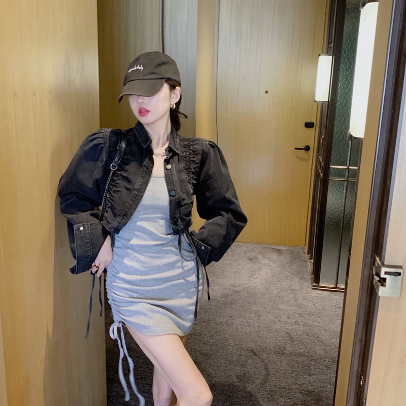 Áo khoác Denim dáng ngắn phối dây rút thời trang mùa thu cho nữ