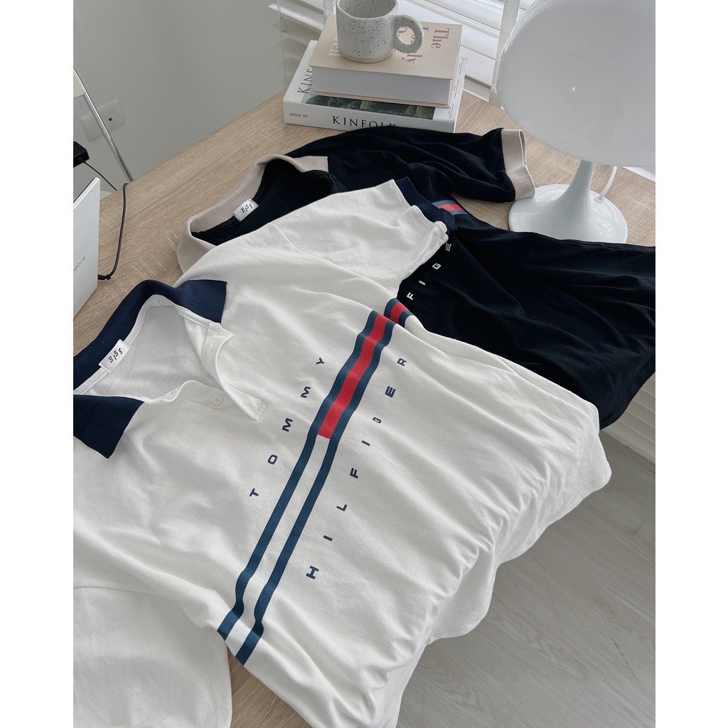 Áo polo nữ form rộng tommy tay lửng, áo thun nữ siêu cá tính