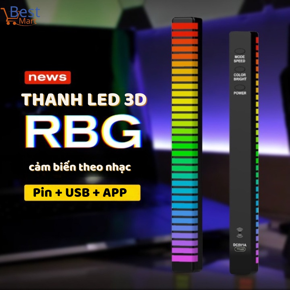 Thanh đèn led RGB ĐIỀU KHIỂN BẰNG APP nháy theo nhạc, cảm ứng âm thanh/ đèn led trang trí ô tô, tiktok siêu nhạy