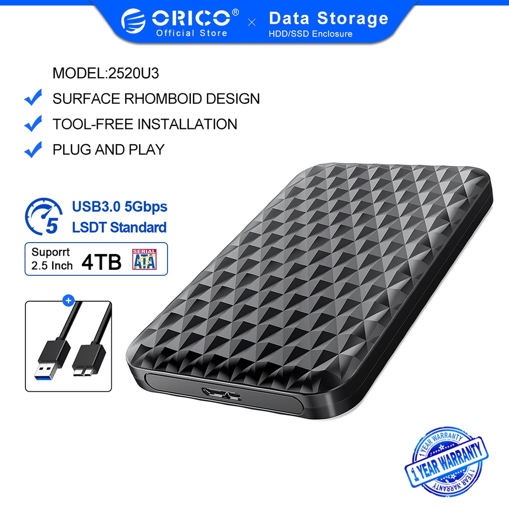 Hộp đựng ổ cứng ngoài ORICO 2520U3 từ SATA 3.0 sang USB 3.0 5Gbps hỗ trợ 4TB HDD SSD UASP HD màu đen / trắng 2.5inch