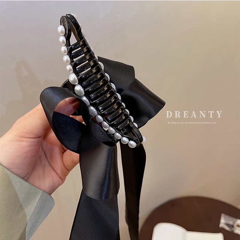 Kẹp Tóc Nơ Ruy Băng Đính Ngọc Trai Thiết Kế Đơn Giản Độc Đáo Phong Cách Hàn Quốc