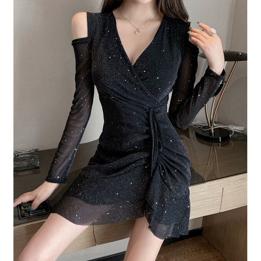 Đầm tiệc dài tay, váy thu đông ngắn thiết kế hở vai 3 màu e1133 | BigBuy360 - bigbuy360.vn