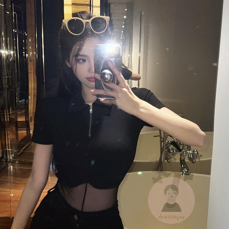 DRE-Women Attractive Sheer Bodysuit, Black Solid Color Quarter Zip Turn-down Neckline Bodysuit