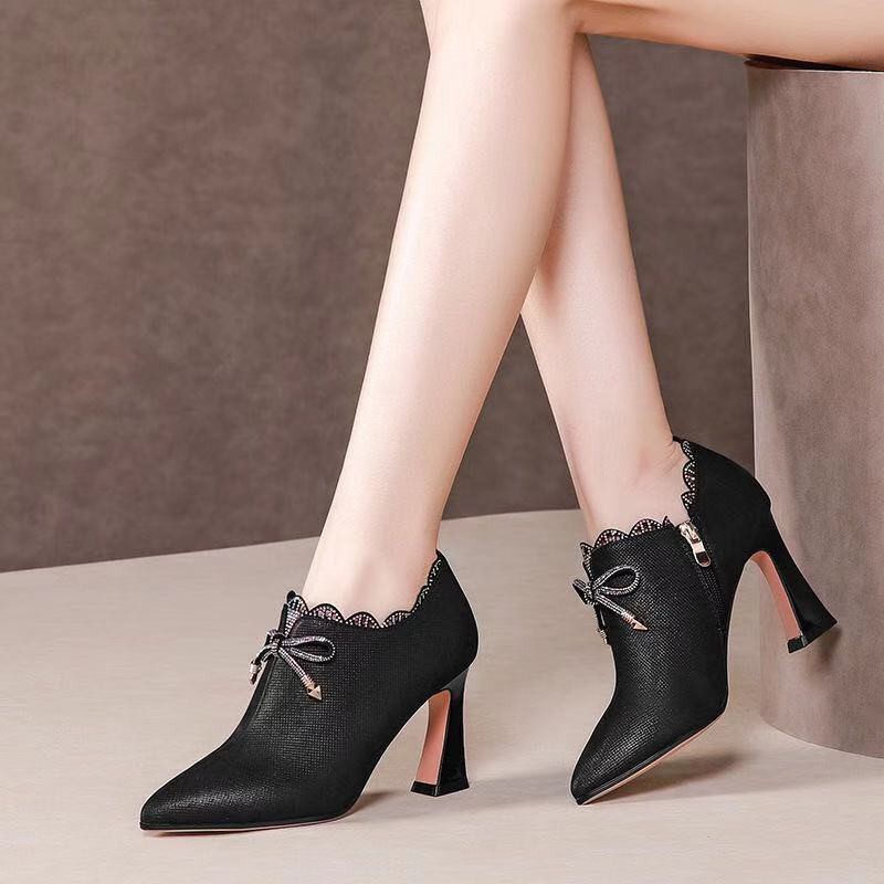 ∋2021 autumn and winter new leather deep-mouthed high-heeled shoes, women s fashion bowknot rhinestone all-match thick-heeled shoes