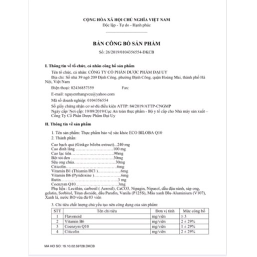 Bổ não HOẠT HUYẾT DƯỠNG NÃO Eco biloba Q10 - Ginkgo Biloba 240 - Cải thiện trí nhớ, tăng cường lưu thông máu lên não