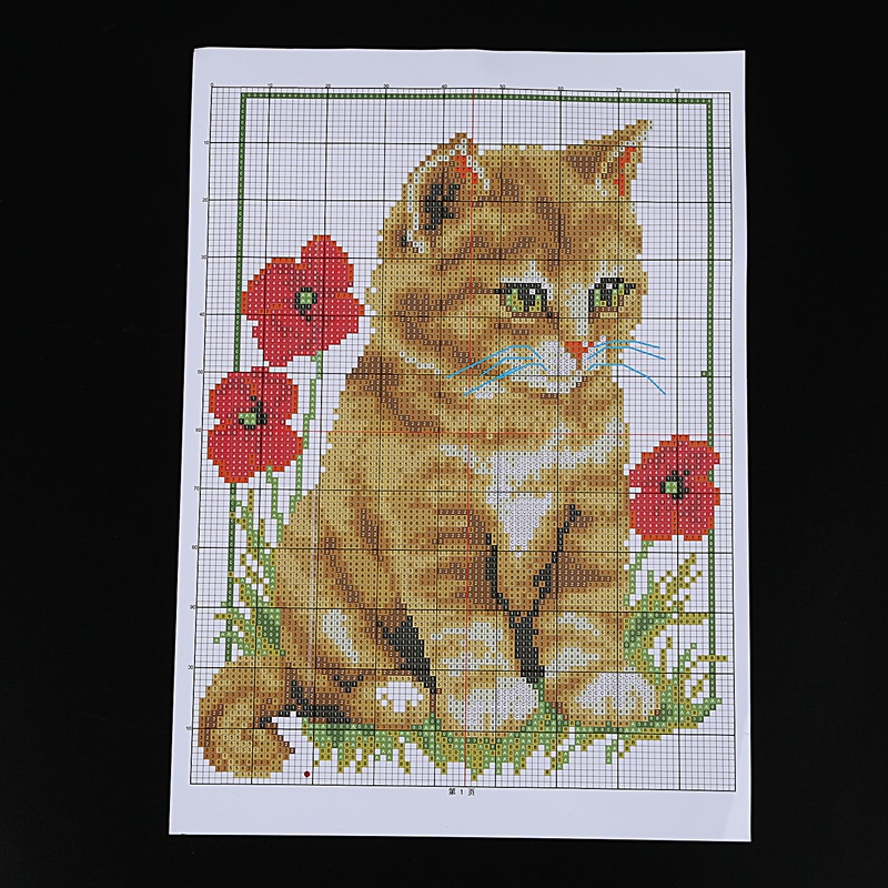 Mới Bộ Tranh Thêu Chữ Thập 14ct 21x29cm Hình Mèo Và Hoa Anh Túc