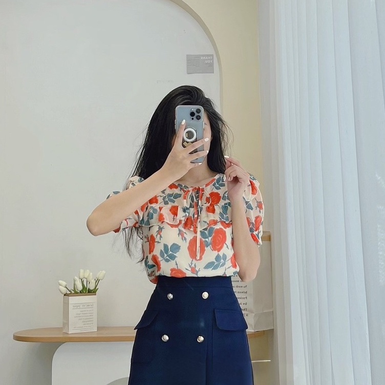 Áo tơ chạy viền bèo cổ buộc nơ MINZ