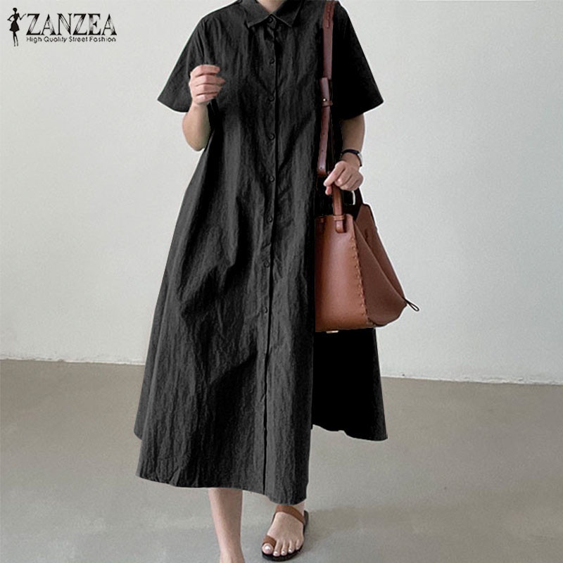 Áo đầm dài ZANZEA dành cho nữ thiết kế tay ngắn cổ bẻ thời trang