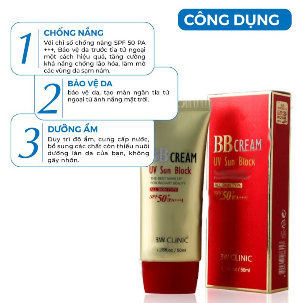 Kem nền trang điểm che khuyết điểm chống nắng BB Cream UV Sun Block 3W Clinic Hàn Quốc 50ml