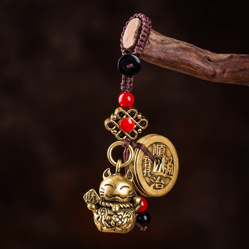 Móc khóa đồng thau độc lạ may mắn phong thủy đẹp hình xu ngũ hoàng Mèo thần tài phong cách sưu tầm độc đáo bền