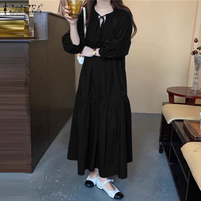 Đầm maxi ZANZEA dáng rộng cổ tròn tay lửng màu trơn thời trang dạo phố Hàn Quốc