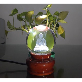 Quả Cầu Pha Lê 3D Khắc Phật Tổ Size To 8cm, Chân Đế Có Đèn LED Trang Trí Siêu Đẹp