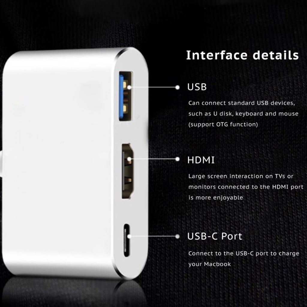 (Adapter) bộ chuyển đổi Hub 3 trong 1 USB 3.1 Type-C sang 4K UHD HDMI USB-C cho Macbook, iPad, Smart Phone