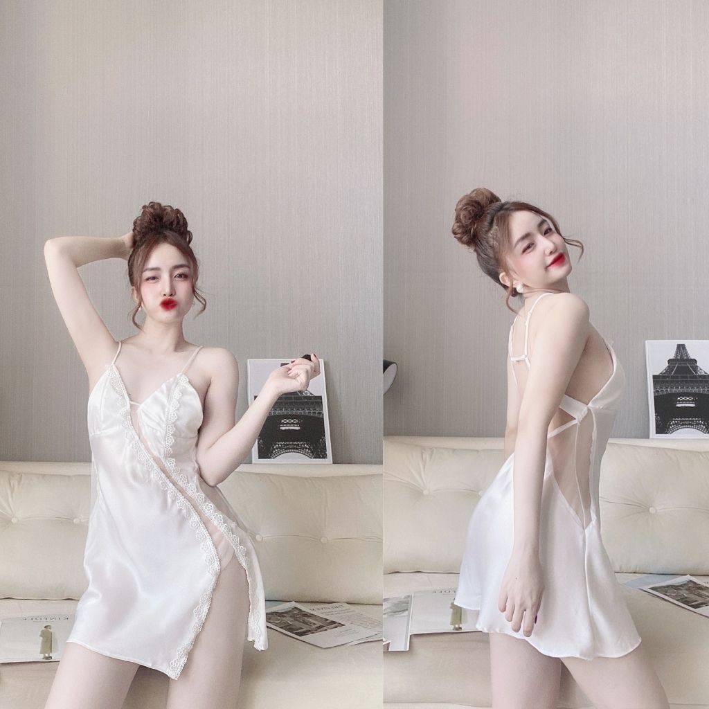 Váy ngủ sexy, Đầm ngủ sexy lụa Satin Chất Siêu Mát Dáng Siêu Xinh &lt;58kg
