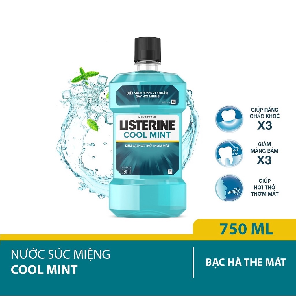 Nước súc miệng listerine cool mint diệt khuẩn giữ hơi thở thơm mát chai 750ml